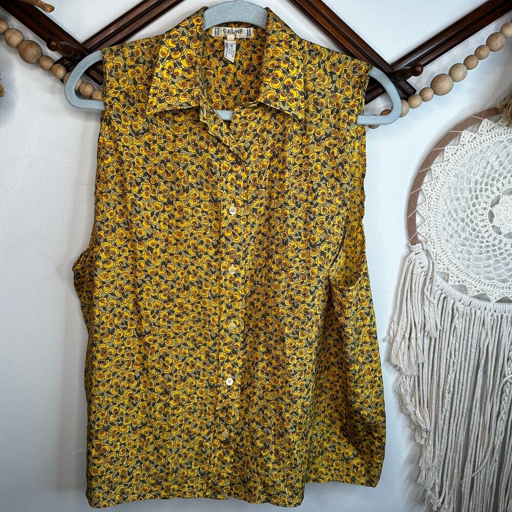 Vintage Celine Yellow Floral 100% Silk Button Sleeveless Blouse